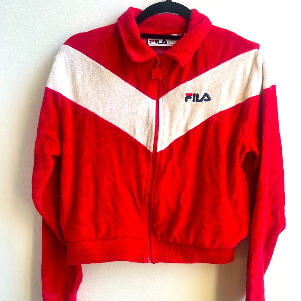 Fila red and white zip up sweatshirt.